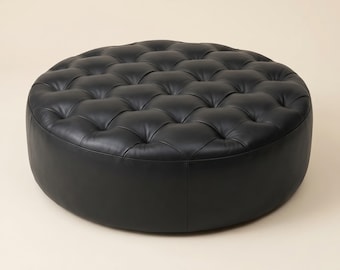 Black Tufted Leather Ottoman, Genuine Black Leather Coffee Table Pouf, Chesterfield Style Ottoman, Unstuffed, Black Living Room Ottoman Pouf