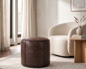 Dark Brown Leather Ottoman Pouf, Moroccan Round Leather Footstool Pouf, Dark Brown Ottoman Footrest, Unstaffed Leather Coffee Table Pouf