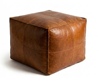 Square Moroccan Leather Pouf, Unstuffed Ottoman Footstool, Boho Floor Cushion, Handmade Genuine Leather Pouffe