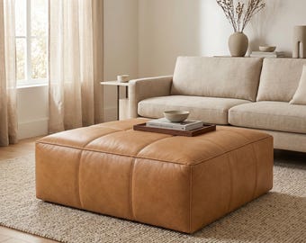 Tan Leather Ottoman coffee table, Square Moroccan Tan Leather footstool Pouf Large Rectangular Leather Ottoman storage Unstaffed Pouf