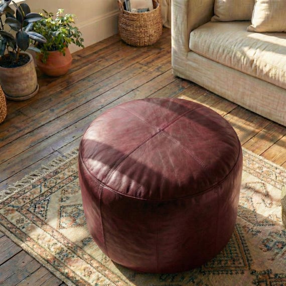 Vintage Handmade Dark Red Leather Pouf Ottoman – Moroccan Round Footstool – Modern Living Room Accent