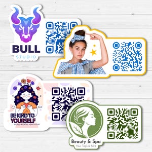 May include: A collection of stickers with various designs and QR codes. One sticker features a purple bull logo with "BULL STUDIO" text. Another shows a girl with a star and a QR code. Other stickers include "BE KIND TO YOURSELF" and a beauty salon logo.