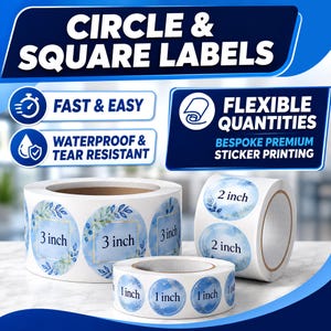 May include: Three rolls of adhesive labels in 1-inch, 2-inch, and 3-inch sizes. The labels feature a blue watercolor floral design with gold square frames. Text on the image includes CIRCLE & SQUARE LABELS, FAST & EASY, WATERPROOF & TEAR RESISTANT, FLEXIBLE QUANTITIES, and BESPOKE PREMIUM STICKER PRINTING.