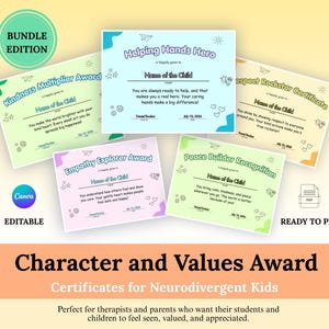 May include: A bundle of five colorful, printable award certificates for children featuring titles like Helping Hands Hero, Kindness Multiplier Award, Respect Rockstar Certificate, Empathy Explorer Award, and Peace Builder Recognition with blank lines for names.