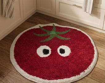Alfombra redonda con forma de tomate: divertida alfombra de baño con motivos de comida, alfombra de cocina con diseño de verduras, decoración divertida para la habitación.