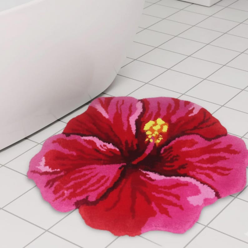 Hibiscus Flower Rug Aesthetic Bathroom Mat, Pink Red Floral Tufted Rug, Cute Flower Bath Mat, Non Slip Floor Carpet, Tropical Room Decor