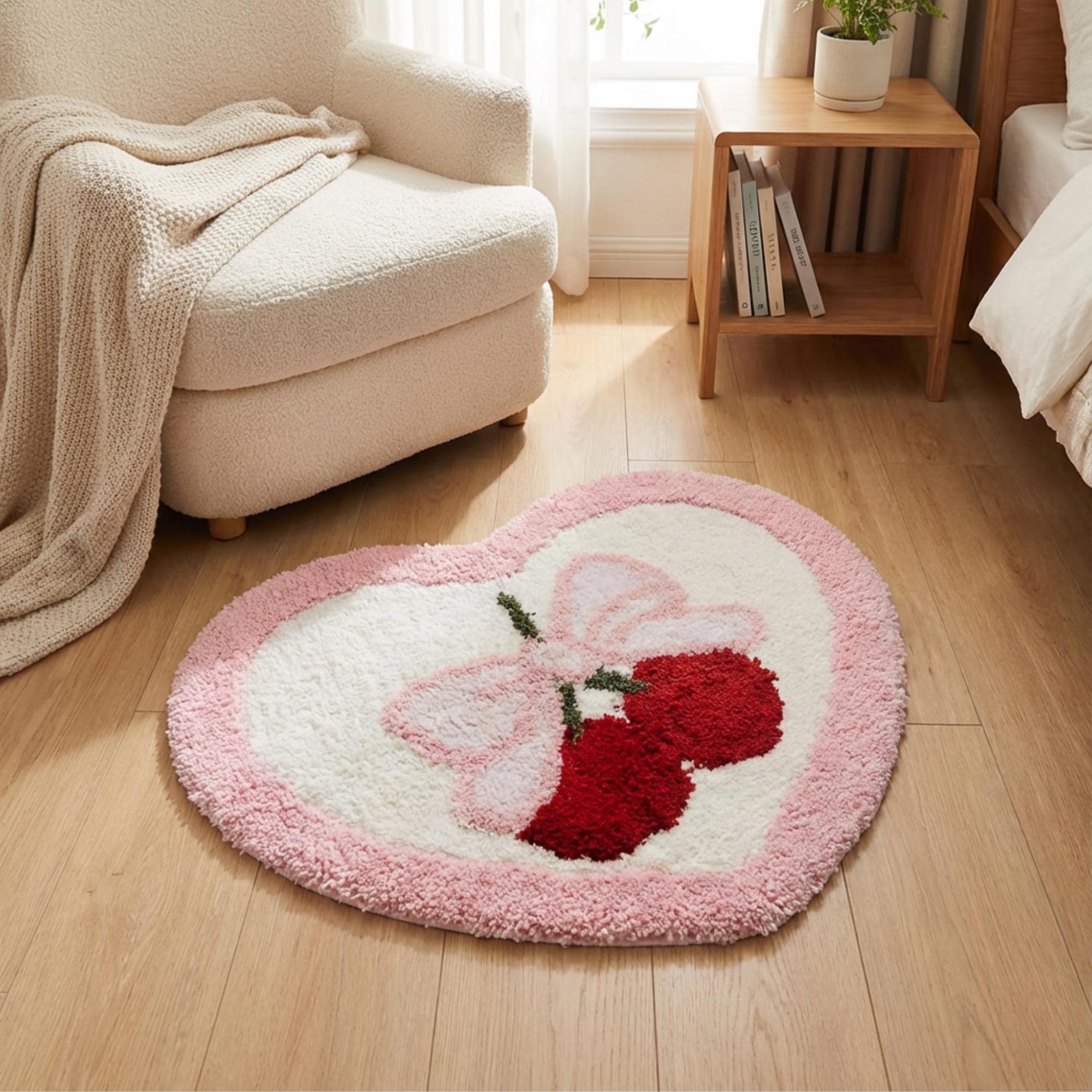 Pink Heart Rug: Tufted Bow & Cherry Accent Mat, Girly Bedroom