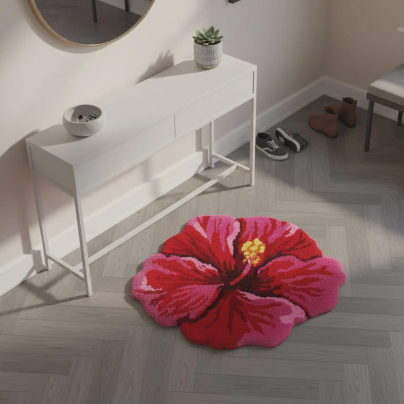 Hibiscus Flower Rug Aesthetic Bathroom Mat, Pink Red Floral Tufted Rug, Cute Flower Bath Mat, Non Slip Floor Carpet, Tropical Room Decor