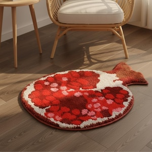 Può includere: Un tappeto a forma di melograno con un design rosso, bianco e rosa. Il tappeto ha una superficie strutturata e un bordo marrone. Il tappeto è su un pavimento in legno.