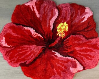 Red Flower Rug: Hibiscus Flocked Mat, Floral Accent Decor, Botanical Area Carpet