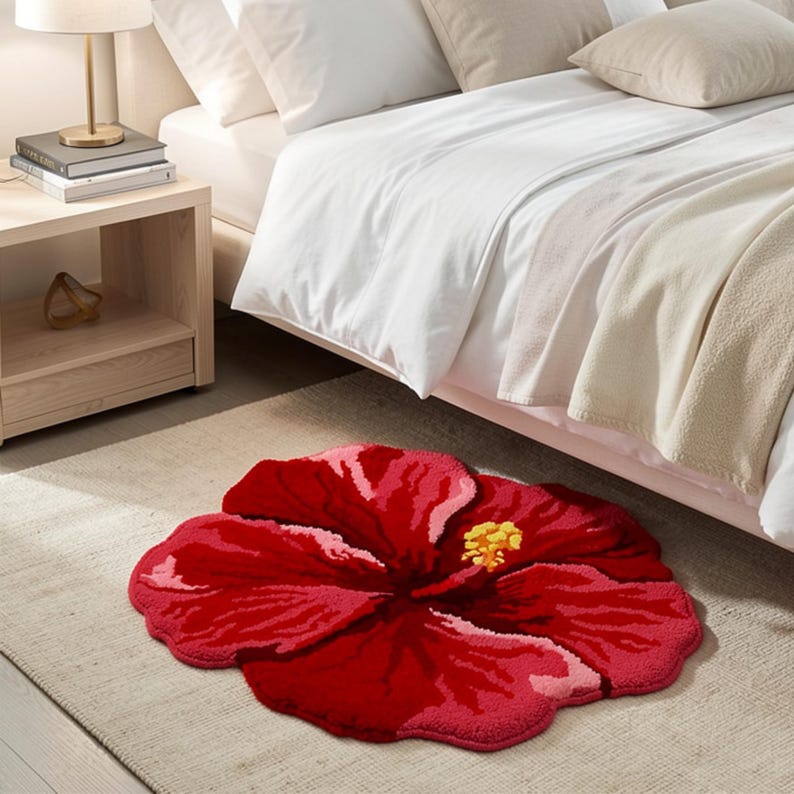 Hibiscus Flower Rug Aesthetic Bathroom Mat, Pink Red Floral Tufted Rug, Cute Flower Bath Mat, Non Slip Floor Carpet, Tropical Room Decor