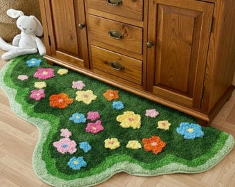 Flower Meadow Tufted Rug: Green Grass Floral Carpet, Bedroom Nursery Floor Mat