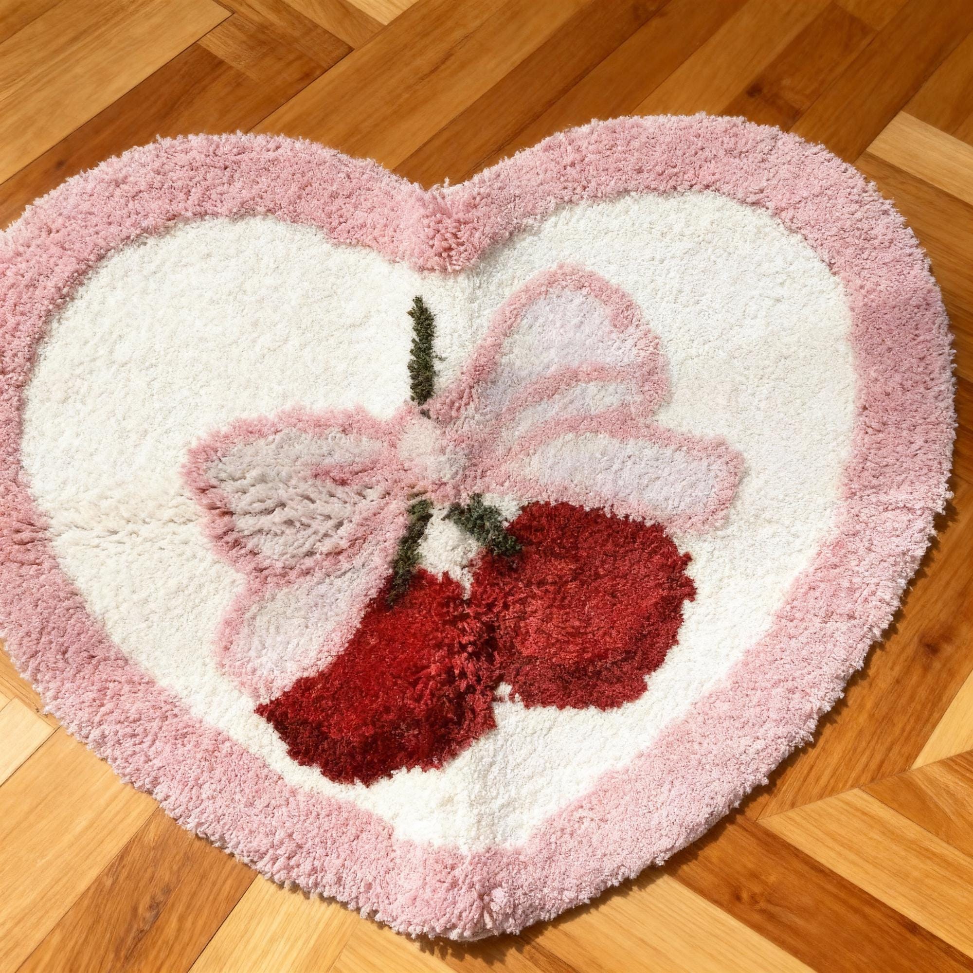 Pink Heart Rug: Tufted Bow & Cherry Accent Mat, Girly Bedroom