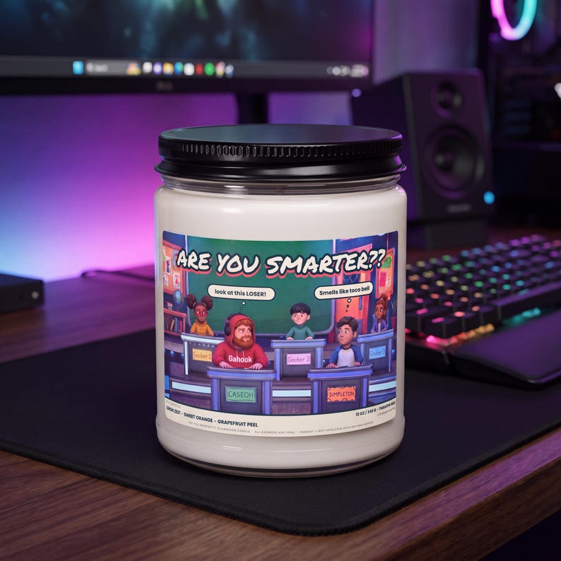 Are You Smarter meme candle, 12 oz white paraffin candle in a glass jar with black lid, classroom quiz show label