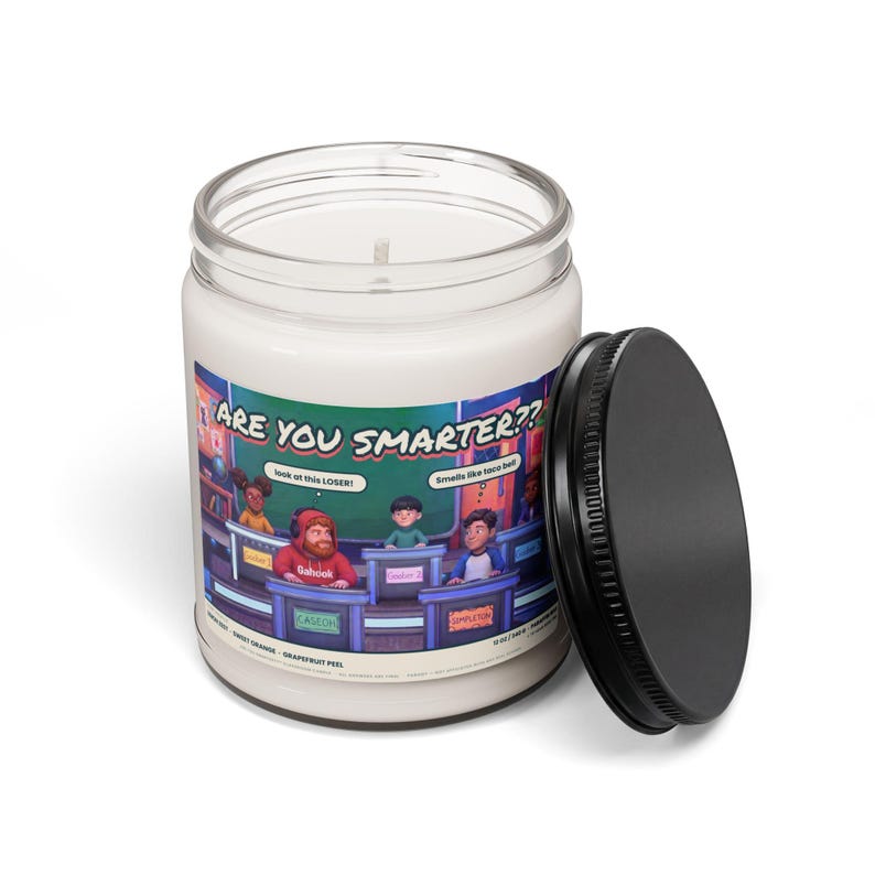 Are You Smarter candle with the black lid off, showing white paraffin wax and cotton wick