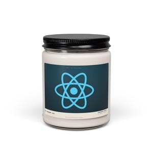 React developer candle, 12 oz white paraffin candle in a glass jar with black lid, navy React logo label