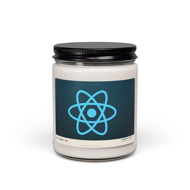React developer candle, 12 oz white paraffin candle in a glass jar with black lid, navy React logo label