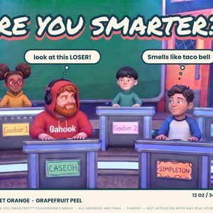 Full Are You Smarter label artwork, a cartoon quiz show classroom with CaseOh at a podium between kid contestants