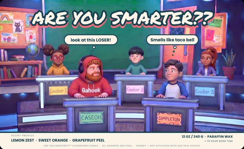 Full Are You Smarter label artwork, a cartoon quiz show classroom with CaseOh at a podium between kid contestants