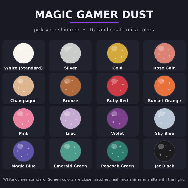 Magic Gamer Dust color chart showing all 16 shimmer dust options