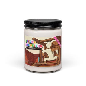 Meccha Chameleon meme candle, 12 oz white paraffin candle in a glass jar with a cartoon hide and seek label