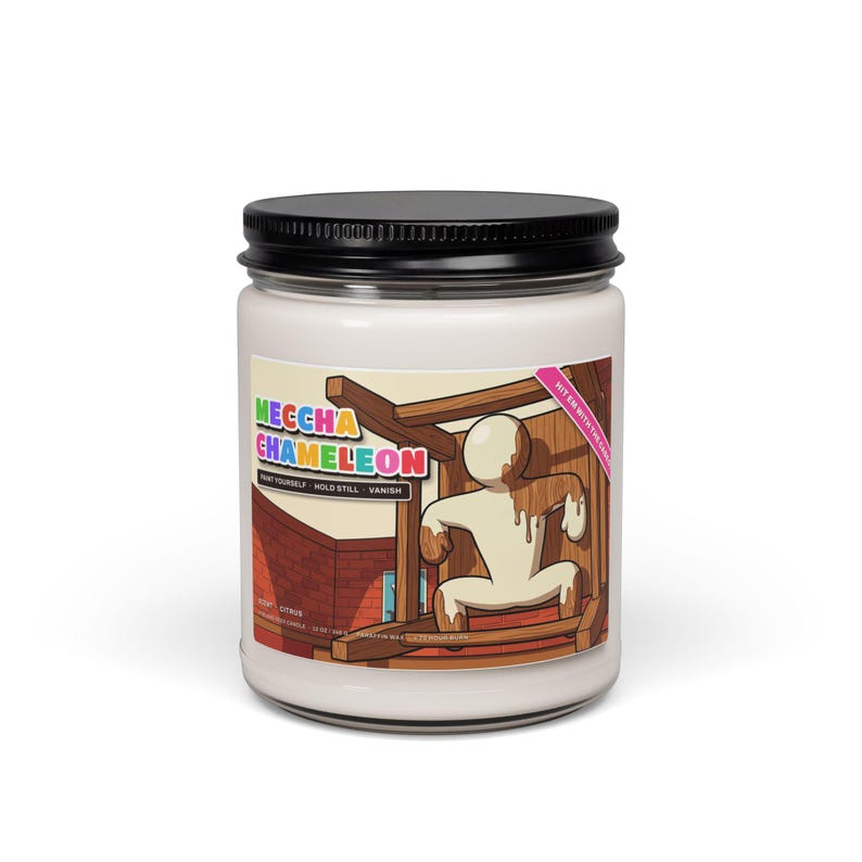 Meccha Chameleon meme candle, 12 oz white paraffin candle in a glass jar with a cartoon hide and seek label