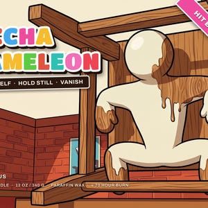 Full Meccha Chameleon candle label artwork, a white character crouched inside a wooden chair painting itself wood grain