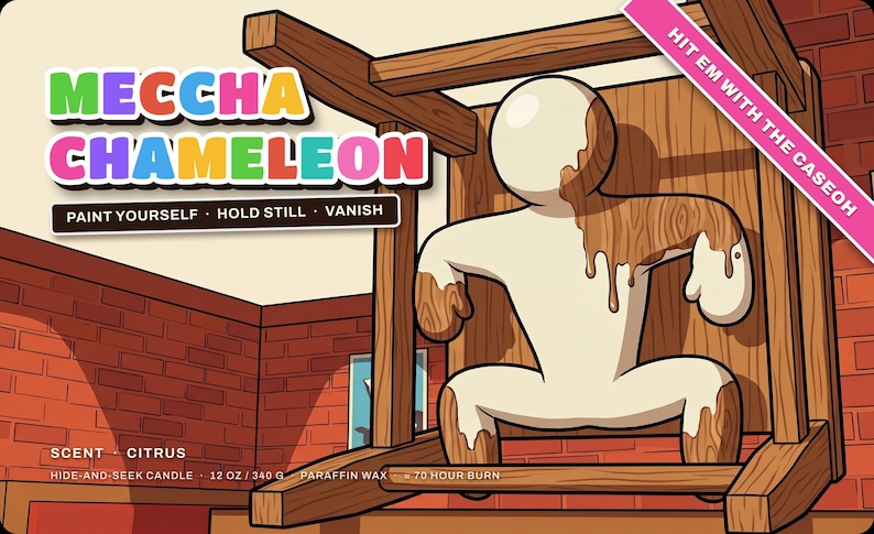 Full Meccha Chameleon candle label artwork, a white character crouched inside a wooden chair painting itself wood grain
