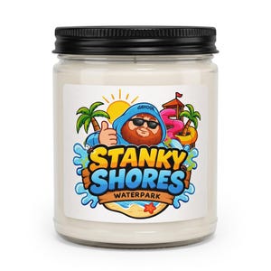 Stanky Shores Waterpark candle, 12 oz paraffin candle in a glass jar with a black lid