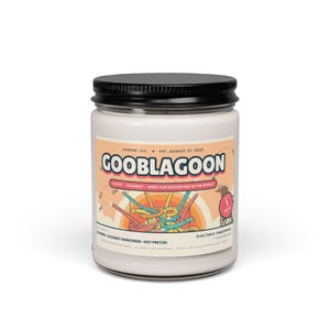 Gooblagoon waterpark meme candle, 12 oz white paraffin candle in a glass jar with retro CaseOh waterpark poster label