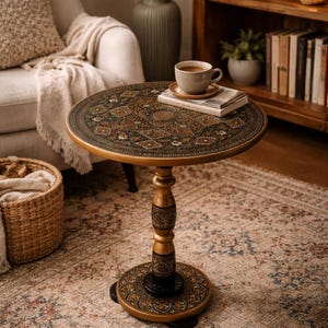 May include: A round side table with an ornate, dark-colored top featuring a detailed pattern. The table has a gold-colored base and a decorative pedestal. A cup of coffee sits on top of the table, along with a small stack of books.