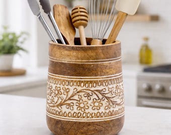 Farmhouse Wooden Utensil Holder 7'' – Hand Carved Floral Kitchen Counter Organizer, Rustic Spatula Crock