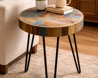 Rustic Hand-Carved Reclaimed Wood End Table | Artisan Accent Furniture, Sustainable Home Decor