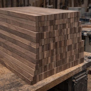 May include: A stack of rectangular wooden blocks, likely for woodworking projects. The blocks are a warm brown color, with visible wood grain. The blocks are stacked neatly on a workbench, suggesting a workshop setting.