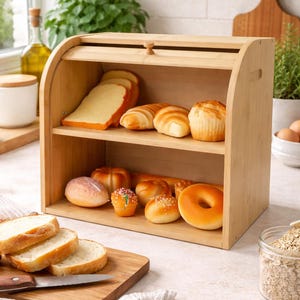 May include: A light-colored wooden bread box with a curved top, filled with various baked goods, including sliced bread, croissants, and muffins. A wooden cutting board with a knife and sliced bread is in the foreground.