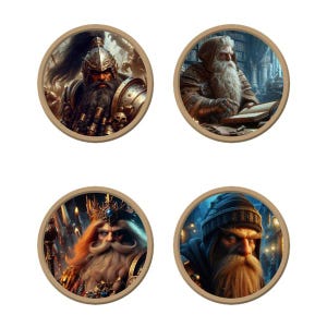 May include: Four round images featuring fantasy characters. One depicts a warrior in armor, another a wizard reading a book, a king with a crown, and a bearded man in a hat. Each image has a wooden border.