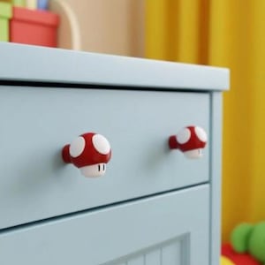 Red Mushroom Drawer Pulls, Super Mario Dresser Knobs, Geeky Home Decor, Cabinet Knobs, Nintendo Inspired Room Decor