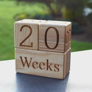 May include: Wooden blocks displaying "20 Weeks" stacked on top of each other. The numbers and text are carved into the light-colored wood. The background is a blurred green outdoor scene.