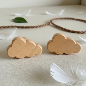 Könnte beinhalten: Zwei holzfarbene, wolkenförmige Ornamente. Die Wolken sind glatt und abgerundet. Der Hintergrund zeigt Federn, ein grünes Blatt und ein braunes Seil, was eine natürliche Ästhetik erzeugt.