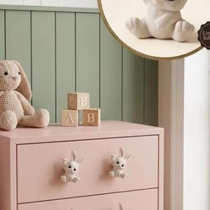 May include: A pink two-drawer chest featuring four white rabbit-shaped drawer knobs. A crochet rabbit toy and wooden blocks sit on top. A circular inset shows a detailed view of the white rabbit knob, and a cardboard box labeled OIL Tasarım.