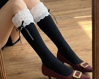 Handmade Lace Trim Solid Color Knee-Highs, Elegant Women’s Calf Socks for Boots