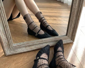 Modern European Style Polka Dot Mesh Tights with Multiple Bows, Elegant Women’s Knee Highs