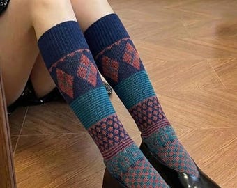 Retro Fair Isle Calf Hosiery, Elegant Lady Casual Legwear, Vintage Patterned Mid Calf, Nordic Knit Stocking