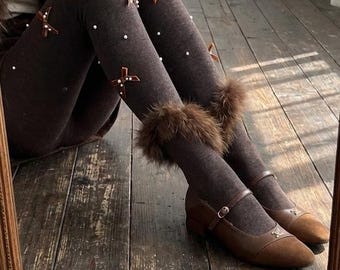 Winter Thermal Pantyhose, Thick Dark Coffee Leggings, Warm Bow Hosiery, Sweet Outdoor Base Layer