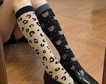 Asymmetric Leopard Hosiery, Retro Animal Print Knee Highs, Elegant Patterned Legwear, Bold Mismatched Stocking