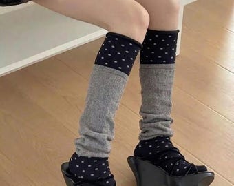 Retro Color Block Crew, Patchwork Polka Dot Hosiery, Contrast Long Legwear, Mismatched Stocking