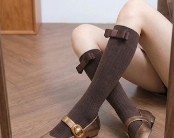 Elegant Bow Crew Socks, Cute Ribbon Casual Hosiery, Ladies Sweet Legwear, Trendy Mid Calf Stocking