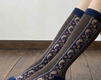 apanese Patterned Calf Highs, Retro Knee Length Hosiery, Women Casual Print Legwear, Vintage Stocking