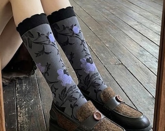 Vintage Relief Hosiery, 3D Purple Floral Knee Highs, Elegant Japanese Legwear, Embossed Art Stockings