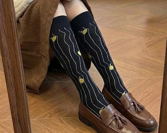 Playful Pear Pattern Black Mid-Calf Footwear, Cute Fruit Embroidery Hosiery for Women